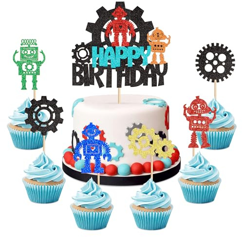Blumomon 25Pcs Robot Happy Birthday Cake Toppers Glitter Robot Cake Decorations for Baby Shower Kids Birthday Party Decoration Supplies