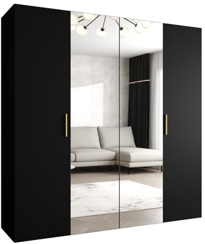 MEBLE KRYSPOL - Kleiderschrank - Garderobenschrank - 200 cm x 202 x 52 cm - Schrank mit Kleiderstange und Spiegel, 4 Türen - für Schlafzimmer, Flur - BARI, Schwarz, Griff Gold