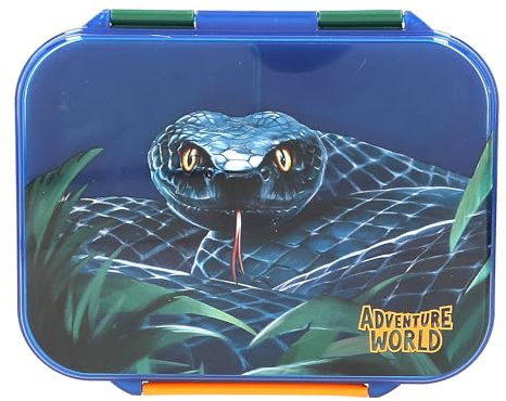Depesche 13988 Adventure World - Brotdose in Dunkelblau und Grün, mit Schlangen Motiv, Lunchbox mit 3 Fächern und Klappdeckel