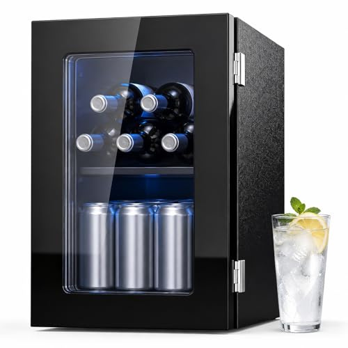 MoraRise 20L Mini Fridge | 4-16°C | Compact Drinks Fridge with Dual-Glazed Glass Door | Table-Top Wine & Beer Fridge for Bedroom, Office Bar, Home | Black (Black, 20L)