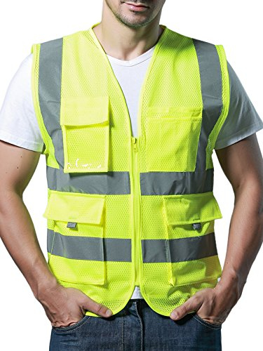 Camilife Unisex Mehrfunktional Hohe Sichtbarkeit Netz Warnwesten Multi-Tasche Reflektierende Westen Atmungsaktiv - Fluoreszenz Grün Größe M