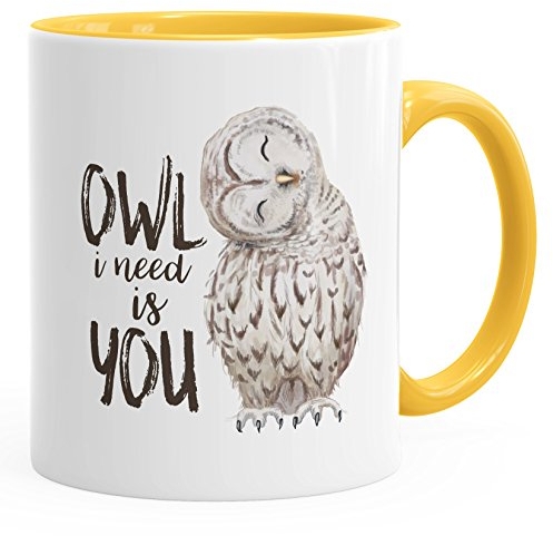 MoonWorks Kaffee-Tasse Eule Owl I Need is You Liebe Spruch Geschenk Valentinstag Weihnachten Ehe Partnerschaft gelb Unisize