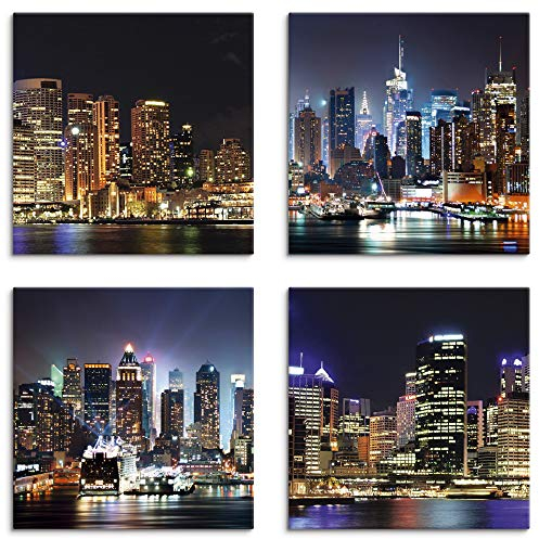 ARTLAND Wanddeko Leinwand Bilder Set 4tlg. je 30x30 cm Quadratisch Wandbilder Städte Australien Sydney Blau Hafen New York Times Square K3AQ