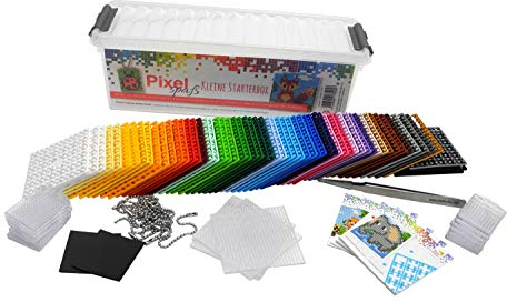 Pixel P60001-27501 kleine Starter Box, Bastelset mit 60 Pixelplatten, 4 Grundplatten, 12 Medaillons mit Kette und 4 Minivorlagenhefte, kinderleichtes Stecksystem
