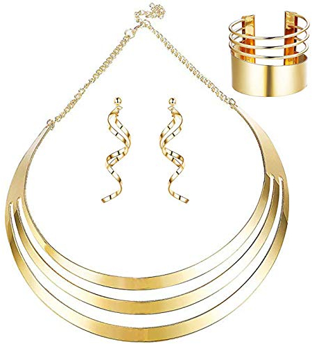 Finrezio Gold-Ton Bib Choker Halskette Set Für Frauen Breite Stulpearmbänder Anweisung Baumeln Ohrringe Festival-Schmuck