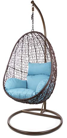 Kideo Komplettset: Hängesessel mit Gestell & Kissen, Korbsessel, Poly-Rattan (Gestell- und Korbfarbe: braun, Kissen: hellblau Nest (5050 Sky Blue))