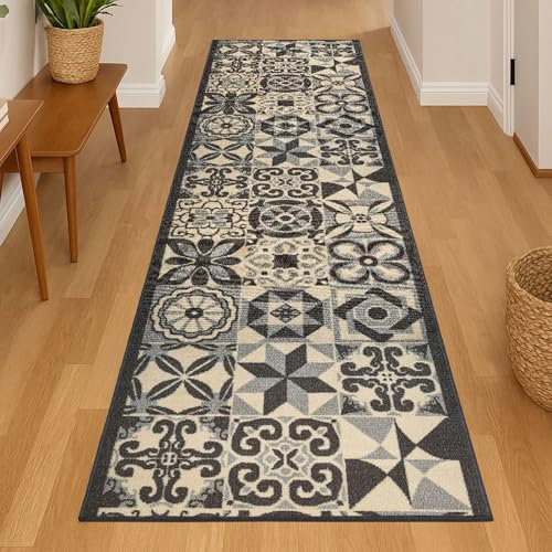 Bravich RugMasters Tiles Grey Rubber Backed Non Slip Machine Washable Very Long Hallway Hall Runner Narrow Rugs Custom Length Stair Mats 2'2x18'FT (66x549cm)