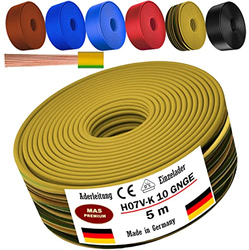 MAS Premium Von 5 bis 100m Aderleitung H07 V-K 10 mm² Schwarz, Braun, Dunkelblau, Grüngelb, Hellblau oder Rot Einzelader flexibel (Grüngelb, 5m)