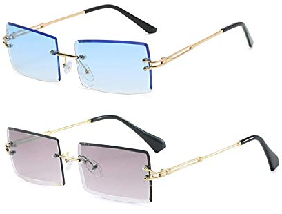 Yojued Rechteckige Retro-Sonnenbrille für Damen und Herren, Mode, Vintage, kleine quadratische Brille, randlos, Rahmen, getönte Gläser, UV400 Schutz, Retro