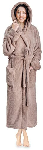 PAVILIA Damen-Bademantel mit Kapuze, weich, flauschig, warm, Fleece, Sherpa, Shaggy-Bademantel, Taupe, Large-X-Large