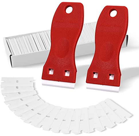 FOSHIO 2 x Kunststoff-Rasierklingen-Schaber-Werkzeug und 100 Stück Kunststoff-Klingen für Dichtungsentferner, Aufkleber-Entferner, Etiketten-Aufkleber und Klebstoffentferner für Fenster und Glas (rot)
