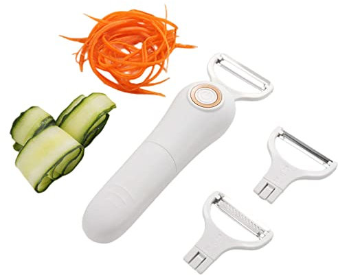 Pogay Electric Peeler Fruits and vegetables, Stainless Steel Handheld Julienne Peeler Slicer 3-in-1 Set Tool for Kitchen Apple Carrot Potato Cucumber