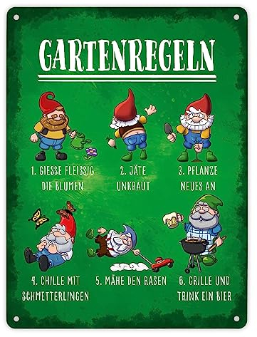 Gartenregeln Metallschild XL in 21x28 cm mit lustigen Gartenzwergen als schöne Gartendekoration für Terrasse und Garten um deinen Gästen ein Lächeln ins Gesicht zu zaubern grüner