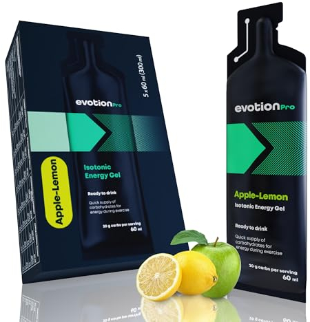 EVOTION PRO High Energy Gel 5 x 60ml - 80kcal 20g Kohlenhydrate pro Packung - Apfel Zitrone - Maltodextrin Power Gel Sport - Liquid Powergel Energy Shot - Energie Laufen Running Marathon Nahrung