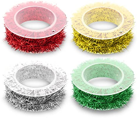 Mini Tinsel Garland | Xmas Tinsel Wire Garland | Christmas Tree Decorations Metallic Tinsel | Xmas Glitter Ribbon Holiday Present Wrapping Decoration DIY Craft Supplies (4 Rolls)