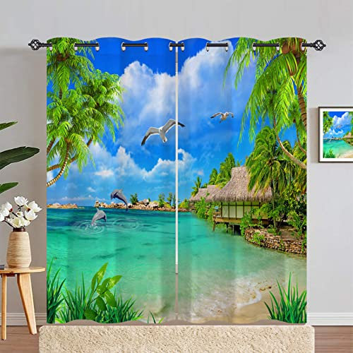 ANHOPE Tropisch Ozean Strand Palmen Gardinen Blickdichte mit Ösen Weich Thermo Vorhänge Blackout Curtain Vorhang Wohnzimmer Schlafzimmer Verdunklungsvorhänge 2er Set H 183 x B 168 cm