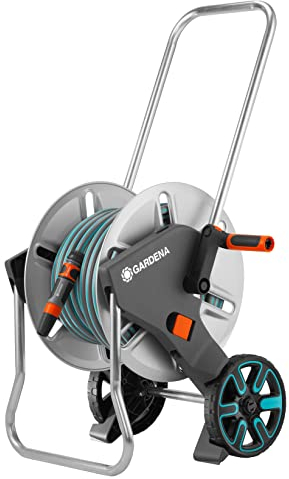 GARDENA Chariot à roulettes compact en métal avec tuyau de raccordement de 25 m, manivelle pliable, béquille, arrêt d'eau, protection contre le gel, innovation allemande, fabriqué en Allemagne