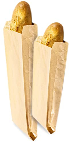 Bolsas Bocadillo Baguette. Bolsa papel kraft marrón. Forma alargada para bocata pan almuerzo bolleria pasteleria desayuno merienda chuches galletas fruta (100 bolsas 31x10 +6)