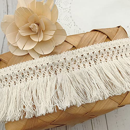 5 Yards 6cm Breite Beige Baumwolle Quaste Spitzenband Fransenbesatz Spitzenbesatz zum Nähen Fransenborte Quaste Trimmen Nähzubehör für DIY Kostüme Bekleidung Vorhang Kleidung Tischdecke Hochzeit Deko