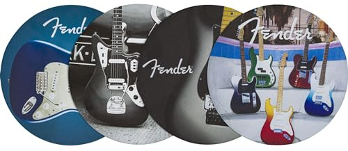 Fender Guitars Leder Getränk-Untersetzer Set, 4 Stück, Rund, Mehrfarbig, Geschenk für Gitarrenfans