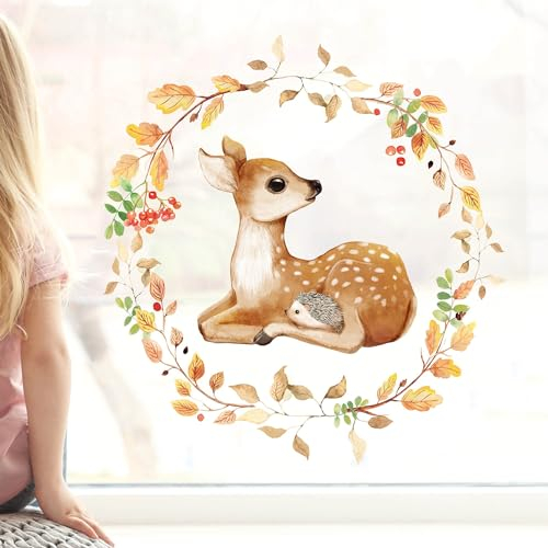 Wandtattoo Loft Fensterbild Herbst Mit Rehkitz und Igel im Blätterkranz, A2 Bogen, Herbstdeko Kinderzimmer, Herbstbilder, Fensterbild Kinder, Herbstblätter