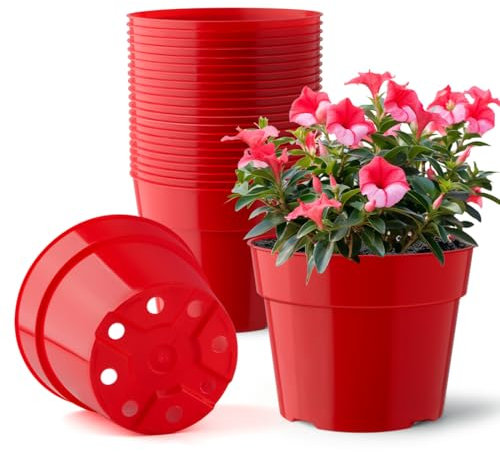 RooTrimmer Macetas de plástico de 15 cm de diámetro Superior, Paquete de 20 macetas de Color Rojo Brillante, 20 bandejas de Recogida de Agua, platillos para macetas y 20 Mallas de Bloque de Tierra
