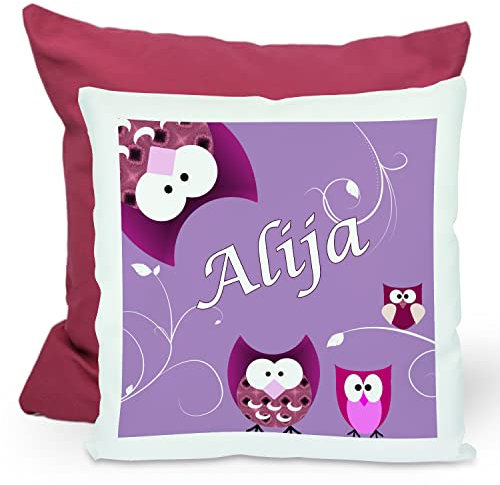 CreaDesign, Kinder Kissen 40x40 cm personalisiert mit Namen, Kinderzimmer Deko Kissen Kinder mit Füllung Federn, Motiv Eule lila, Rückenfarbe Lila