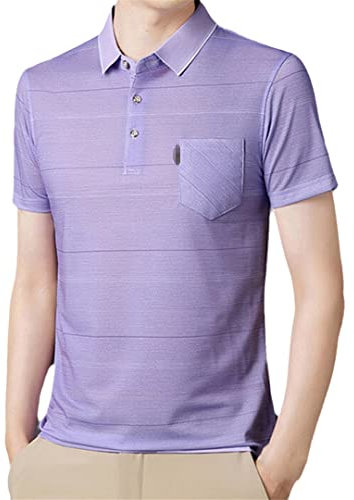 Camicia casual con risvolto casual a righe a maniche corte da uomo, rosa, XXL