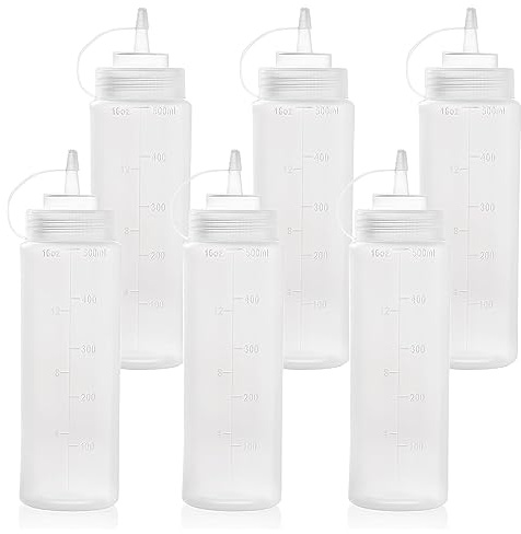 6Pack Double Scales Condiment Squeeze Bottles with Twist on Caps and Measurement, 500ml/16oz Leakproof Squirt Reusable Plastic Sauces Oil Container Dispenser for Ketchup, BBQ, Grilling