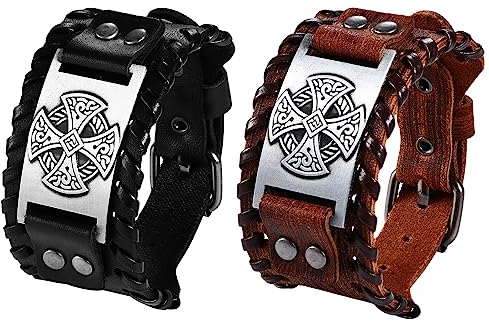 Cupimatch Wikinger Armband Herren Keltischer Knoten Armband Gotisches Kreuz Irischer Knoten Amulett Breites Manschetten Lederarmband für Männer Schwarz Braun