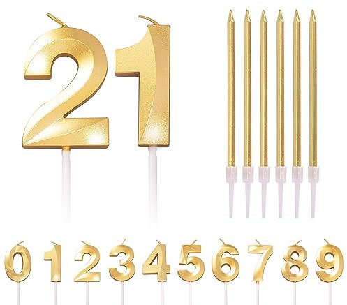 21st Birthday Candle - Number 21 Gold Long Candles for Cake Topper Decorations