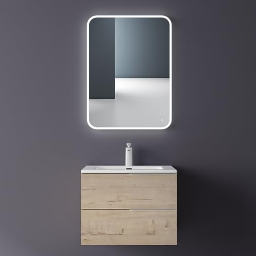 Mai & Mai Badmöbelset Unterschrank mit 60cm Waschbecken Waschtisch 2 Schubladen Badezimmer Waschbeckenunterschrank Badezimmermöbel Eiche Greige Paestum