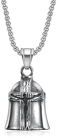 YAHOYA Titanstahl Punk Holzmaserung Jesus Kreuz Glocke Anhänger Motorrad Reiten Glücklicher Exorzismus Halskette Herren Reiter Amulett Schmuck