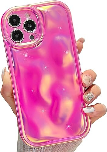 EYZUTAK Case for iPhone 13 Pro Max, 3D Laser Water Ripple Holographic Pleats Irregular Waves Shape Cute Bling Glitter Luxury Phone Case Soft Silicone Shockproof Bumper Cover for Girls Women - Hot Pink