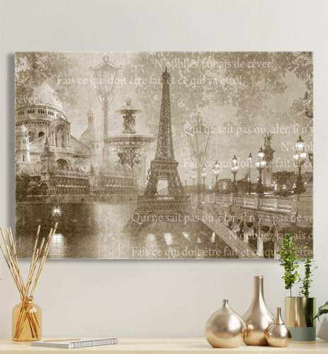 MyMaxxi - Premium Leinwandbild auf Keilrahmen Paris Collage Wandbild Design Wand Dekoration, Foto braun weiß Leinwand - Sehenswürdigkeiten, Groesse_leinwand:70x100 cm