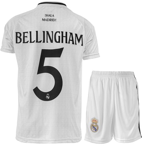 KISRAS R. Madrid Jude Bellingham #5 Heim Fußball Kinder Trikot Shorts Set Jugendgrößen (Weiß,176)