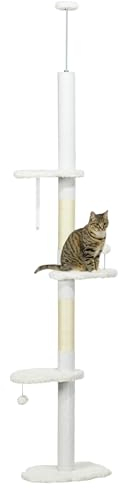 PawHut Árbol para Gatos de Suelo a Techo de 225-255 cm Torre Ajustable en Altura con 3 Plataforma de Forma de Nube Postes Rascadores y 2 Bolas 48x32x225-255 cm Blanco