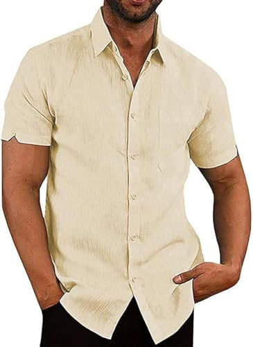 Friptspyg Mens Shirts Short Sleeve Linen Button Down Beach Causual Shirts for Men with Pocket, Beige L