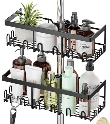 HouseUp Etagere Douche Sans Percage, Rangement Douche, Suspendre pour Salle de Bain sans Perçage, étagère de Rangement pour Barre de Douche de 18 à 25 mm Noir