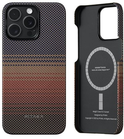 PITAKA Magnetic Case Compatible with iPhone 15 Pro Max Aramid Fibre Ultra Thin and Light Amber Magnet Film Protective Case with Visualised Magnets and 3D Texture Feel [MagEZ Case 5] Sunset