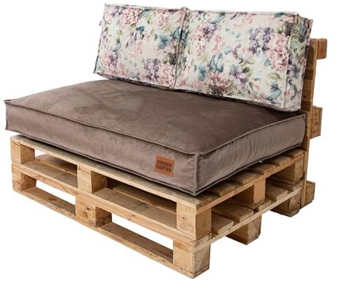 GoldenGroup Gartenset Kissen für Palettenmöbel Cappuccino & Blumen - Polsterstoff - Langlebiges und Wasserdichtes Material - Sitzkissen 120cm x 65cm x 15cm, Rückenkissen (2X) 60cm x 40cm x 10cm