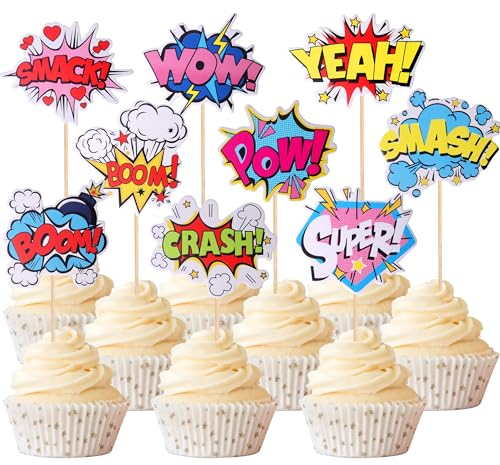 Xsstarmi 36 Packung Superheld Boom Cupcake Toppers Smash Crash Pow Cupcake Picks Feiernder Held Kuchendekorationen Geburtstag Jubiläum Party Zubehör