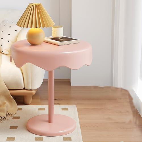 Runder Beistelltisch, Sofa-Beistelltisch, Akzenttisch mit stabilem Metallrahmen, moderner Couchtisch, Aufbewahrungsregal, Nachttisch für Sofa, Wohnzimmer, Teetisch, kleine Räume (Farbe: Rosa)