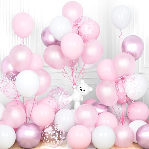 Ousuga Ballons Roses Blancs, 30 Pièces 12 Pouces Rose Pastel BéBé Clair Blancs Métallisé Rose Confettis Ballons Latex pour Filles Femmes Fête d'Anniversaire Mariage Prénatale Baby Shower Décorations