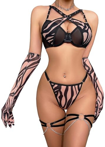 Mingnos Sexy Druck Dessous für Damen Vorne Kreuz Netz Bügel BH und Slip Set mit Handschuhen und Oberschenkel Gürtel, 4 Teilige Dessous Set Schwarz+Zebra, S