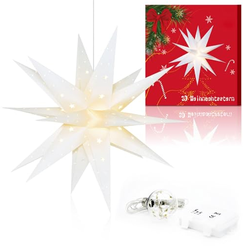 Weihnachtsstern mit Beleuchtung für Außen mit Timer, Weihnachtsstern mit Batterien LED Star Lights, 3D Leuchtstern Außenbeleuchtung Weihnachtsdeko, Weiß 45X45CM