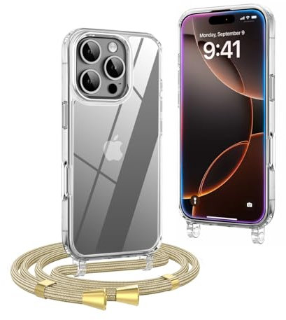 OLEPHY Crossbody Lanyard Case Compatible with iPhone 16 Pro with Strap, Necklace Mobile Phone Cover with Adjustable and Removable Neck Strap, Transparent Shockproof Protective Case, Yellow