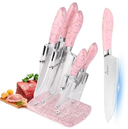 AVEKI 6-Piece Stainless Steel Cooking Knife Set with Acrylic Stand, Ultra Sharp Marble Cracks Chef Knives with Ergonomic Handle, Suitable for Home (Pink)
