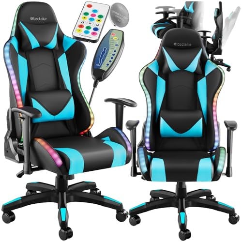 TecTake® Silla Gaming, Silla de Oficina Ergonómica con Función Masaje, Iluminación LED, Respaldo y Reposabrazos Ajustables, Silla Giratoria Reclinable, Silla para Escritorio y Gaming - Negro/Celeste