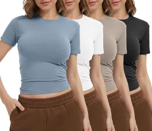 Dalavch 4 Pack Women's Workout Shirts Compression Short Sleeve Crew Neck Running Yoga Gym Athletic Fitted Crop T-Shirts Top 1 Black 1 White 1 Blue 1 Khaki Large
